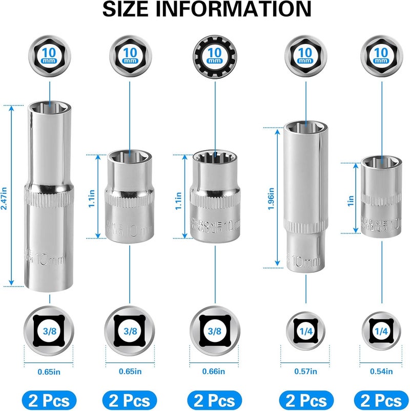 HouseUp [10-Piece] 10mm Socket Set, 1/4-Inch & 3/8-Inch Drive Impact Socket, 6-Point & 12-Point, Deep and Shallow, Mirror Chrome Finish - Image 2